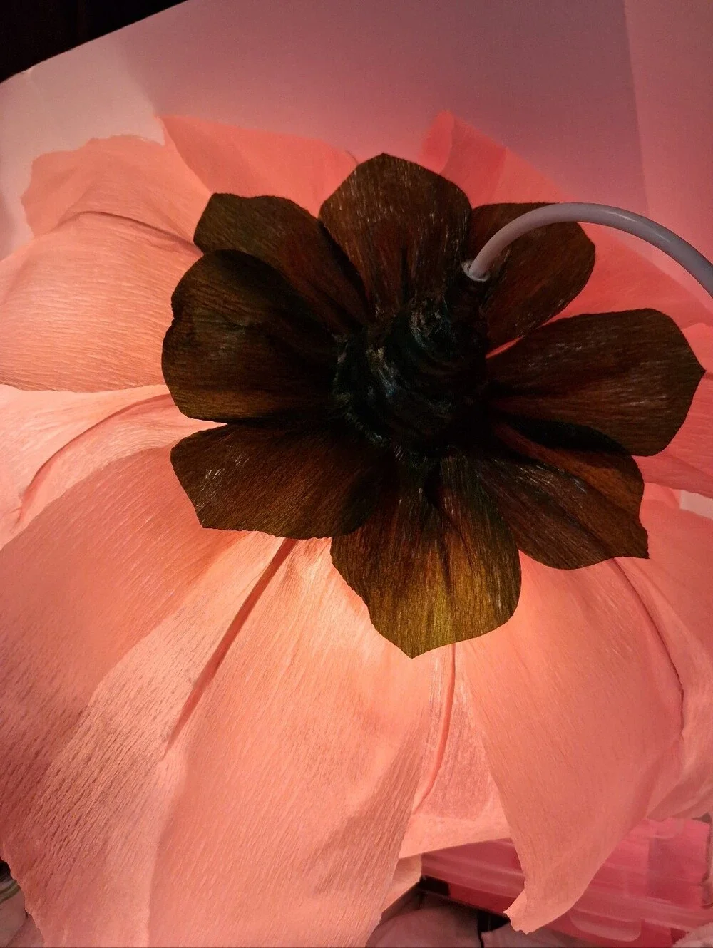 Handcrafted Large Peach Italian Crepe Paper Flower Hanging Lamp, LED